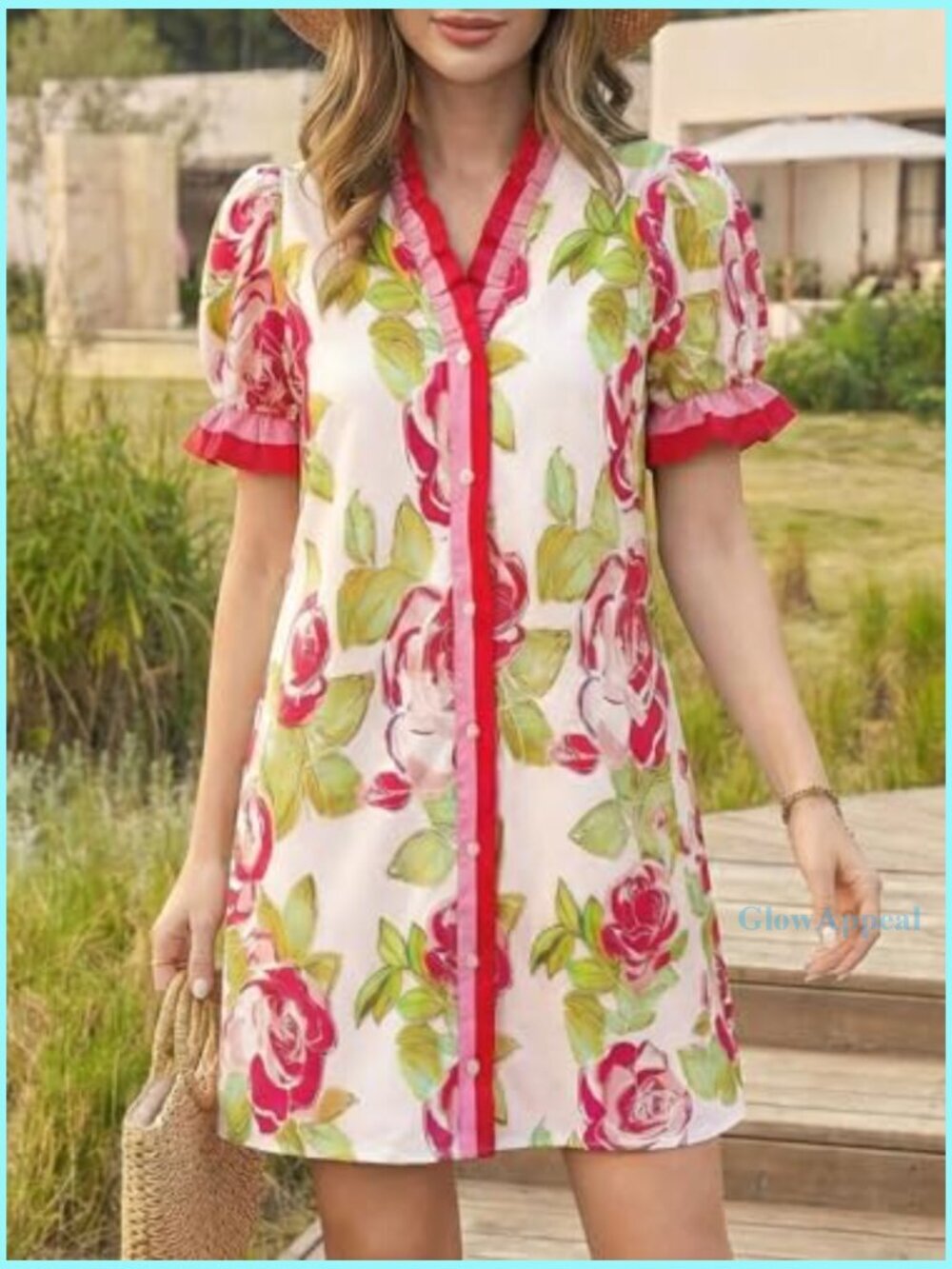 Floral Mini Dress with Puff Sleeves V-Neck Pockets Summer Casual - Picture 4 of 7